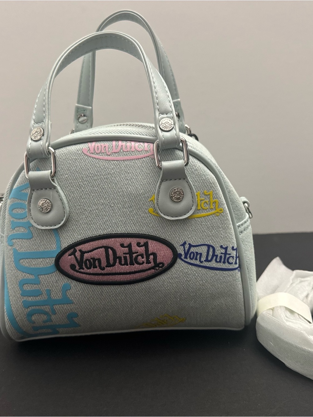Von Dutch Mini Bowling Bag Multicolor Logo Y2K White Blue Pink Yellow NWT